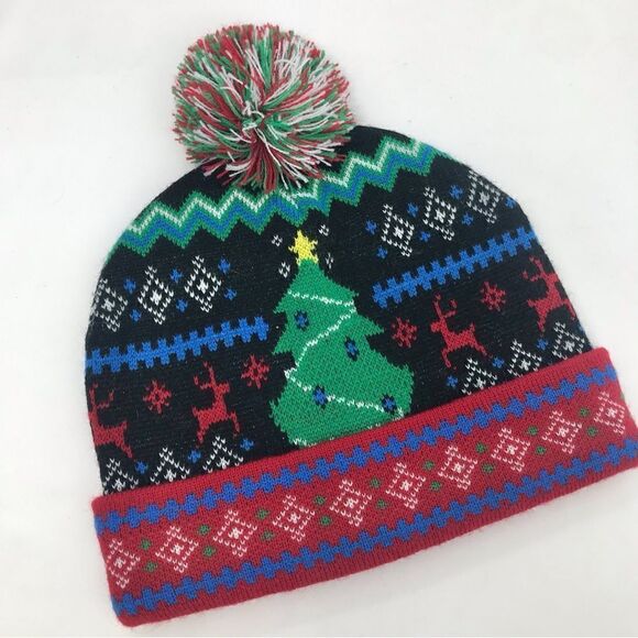LIDS Black Red Green Christmas Tree Pompom Beanie Hat - Picture 1 of 6
